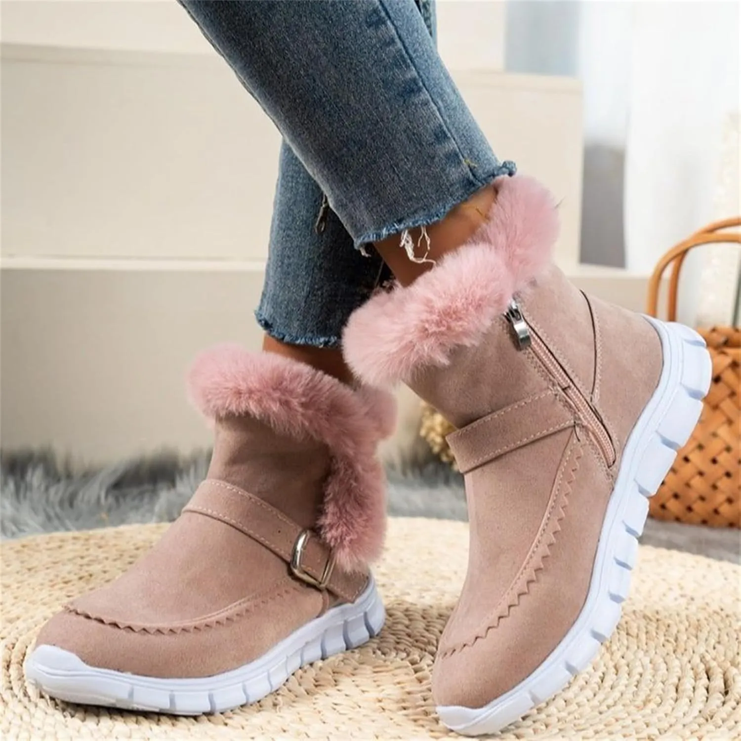 Ankle Boots For Women Comfy Winter Snow Boots Slip on Fur Lined Cold Weather Warm Comfortable Outdoor Loafers Shoes