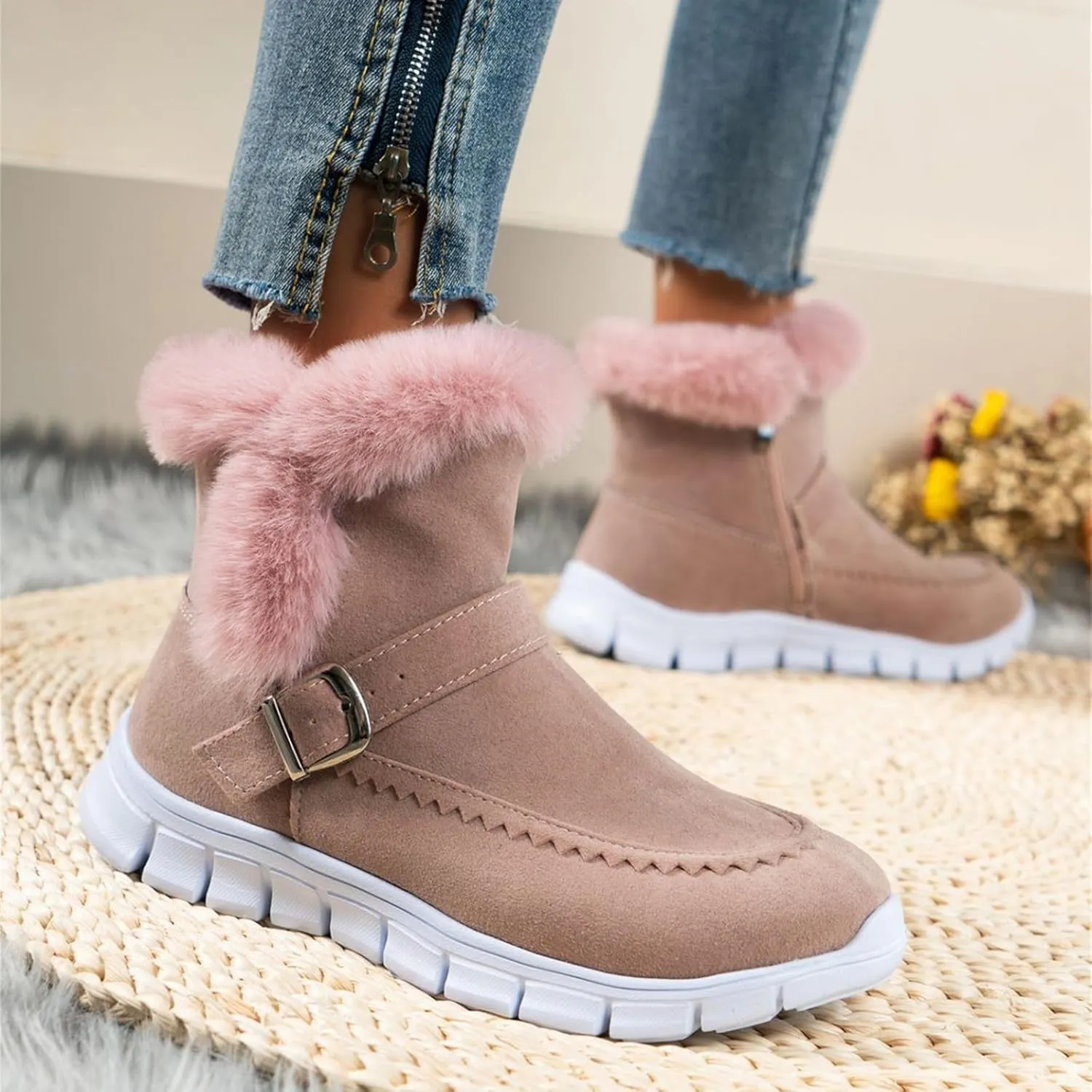 Ankle Boots For Women Comfy Winter Snow Boots Slip on Fur Lined Cold Weather Warm Comfortable Outdoor Loafers Shoes
