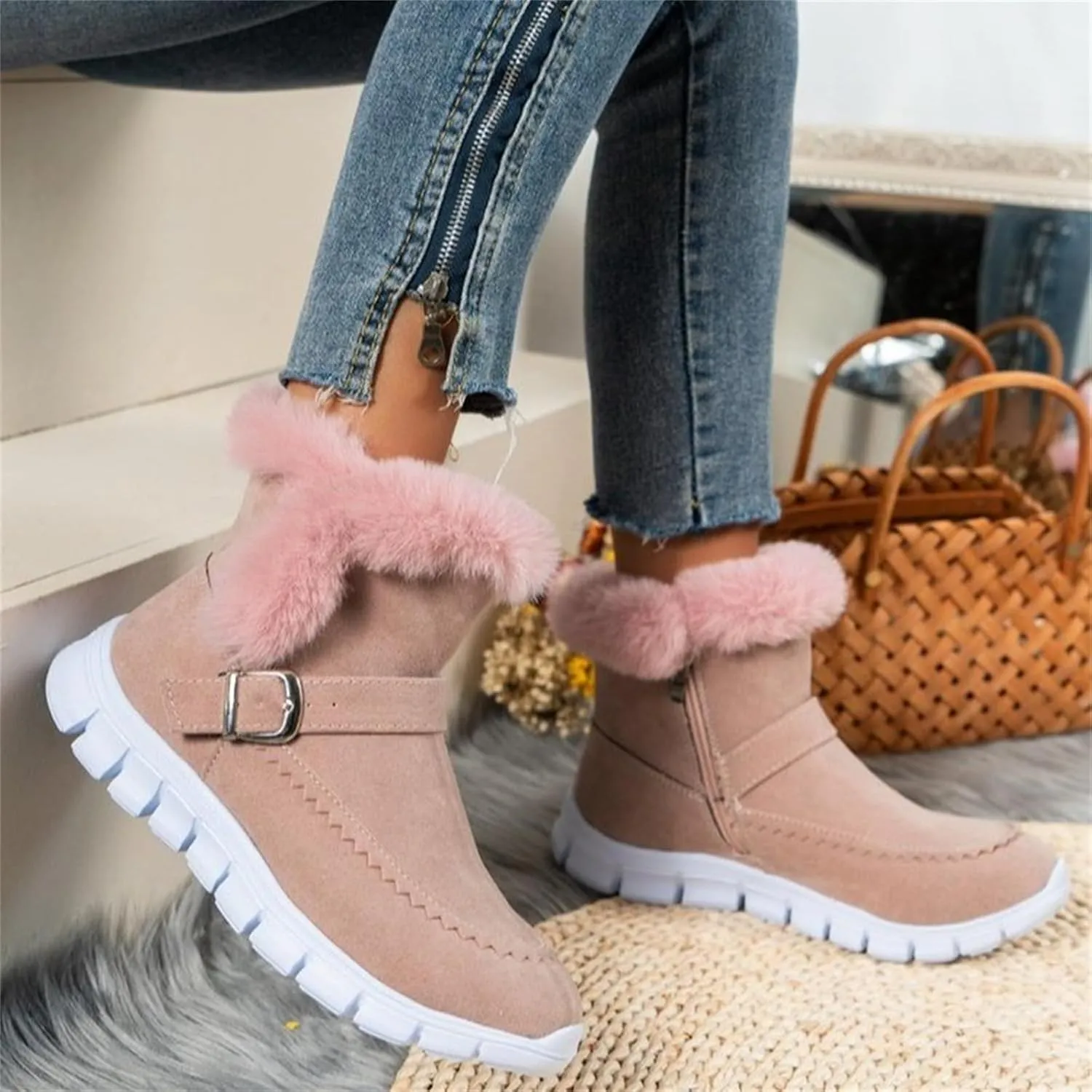 Ankle Boots For Women Comfy Winter Snow Boots Slip on Fur Lined Cold Weather Warm Comfortable Outdoor Loafers Shoes