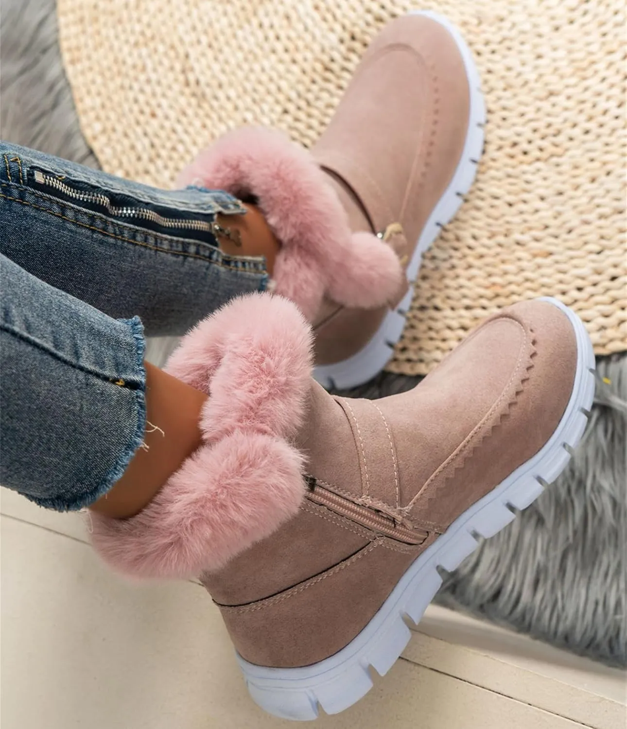 Ankle Boots For Women Comfy Winter Snow Boots Slip on Fur Lined Cold Weather Warm Comfortable Outdoor Loafers Shoes