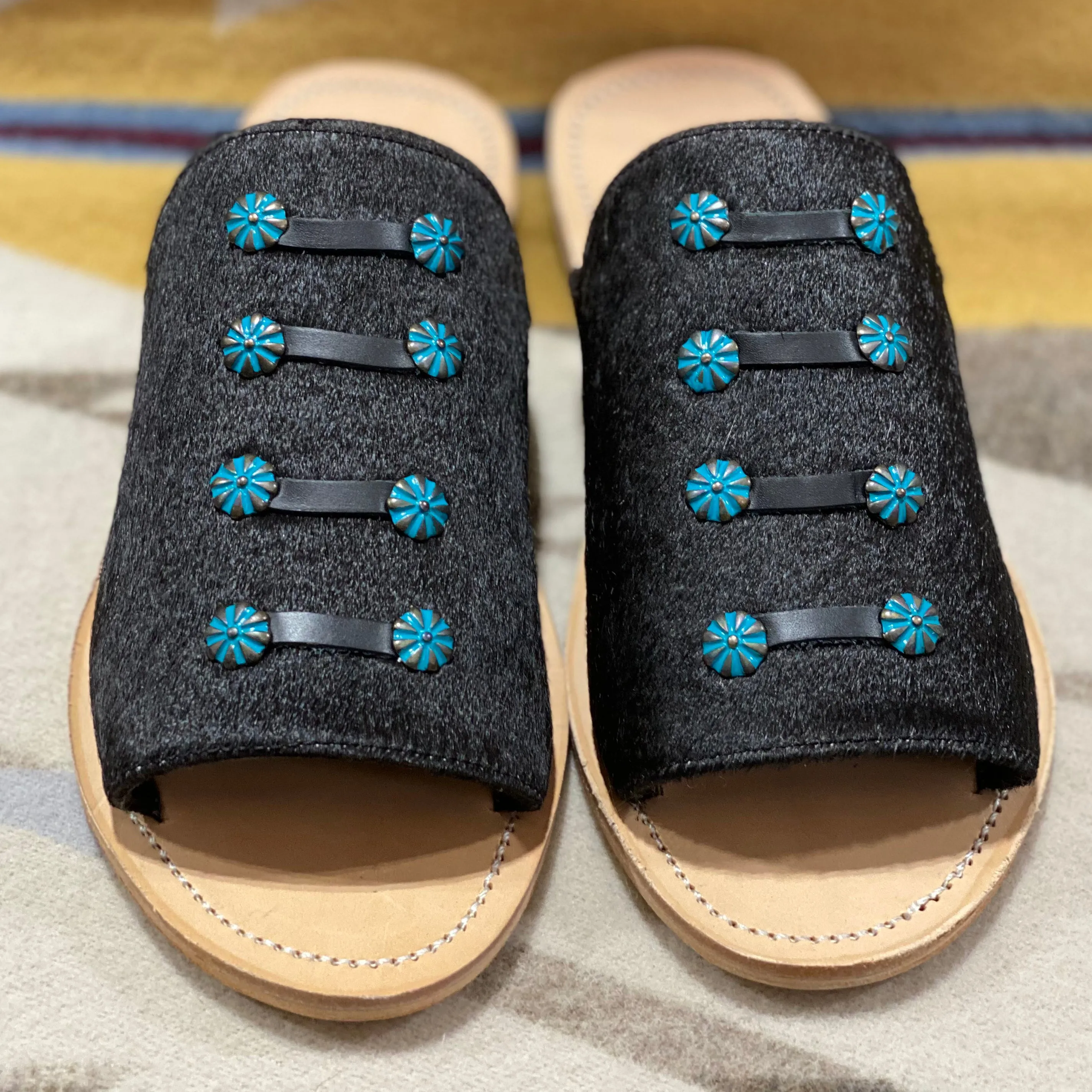 Black & Turquoise Cowhide Sandals