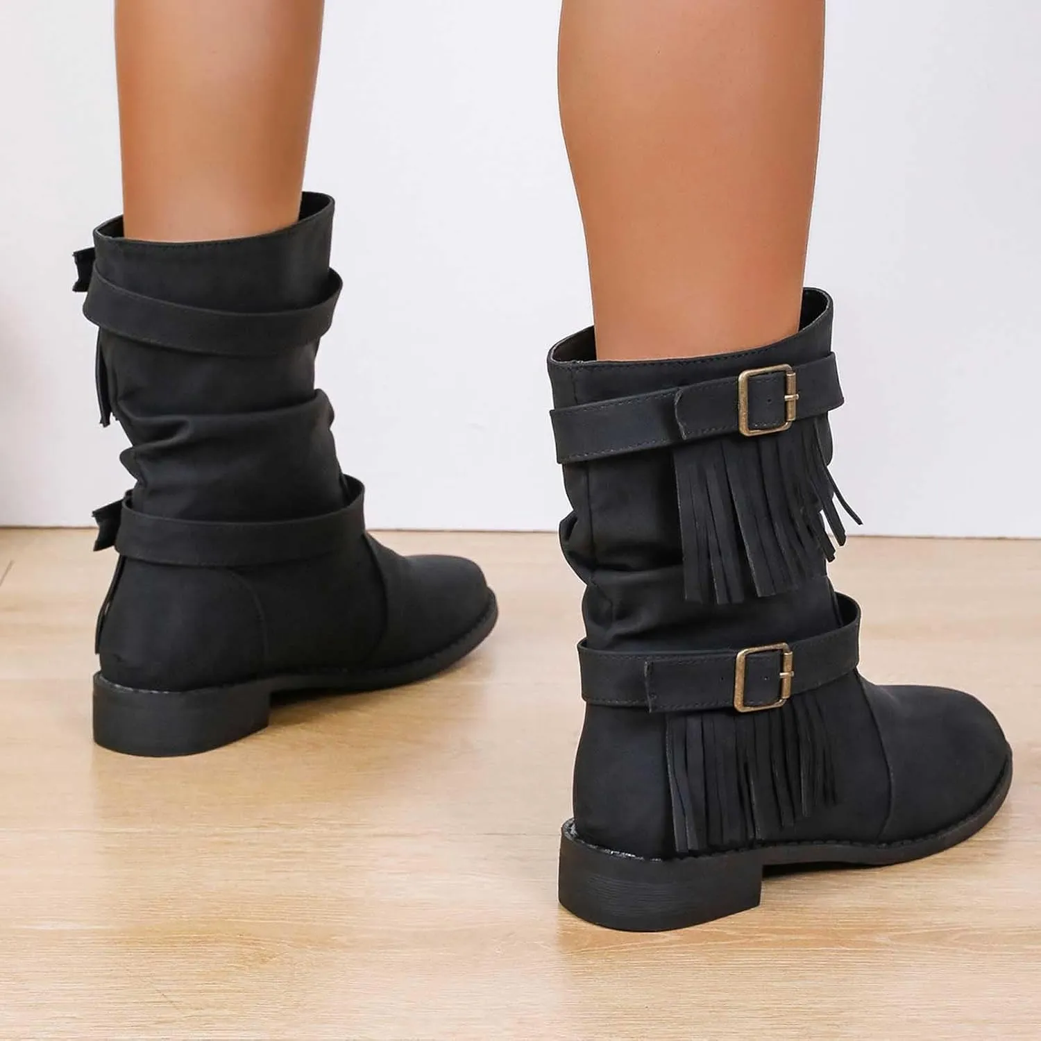 Black Boots Womens Tassel Buckle Flat Boots Round Toe Cigarette Boots Fashion Casual Large Size Mid Calf Boots