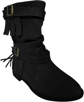 Black Boots Womens Tassel Buckle Flat Boots Round Toe Cigarette Boots Fashion Casual Large Size Mid Calf Boots