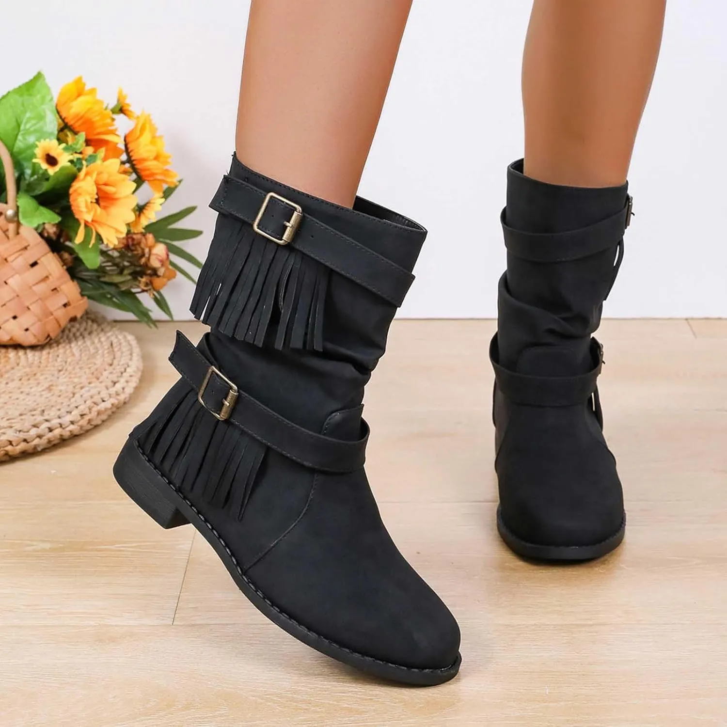 Black Boots Womens Tassel Buckle Flat Boots Round Toe Cigarette Boots Fashion Casual Large Size Mid Calf Boots