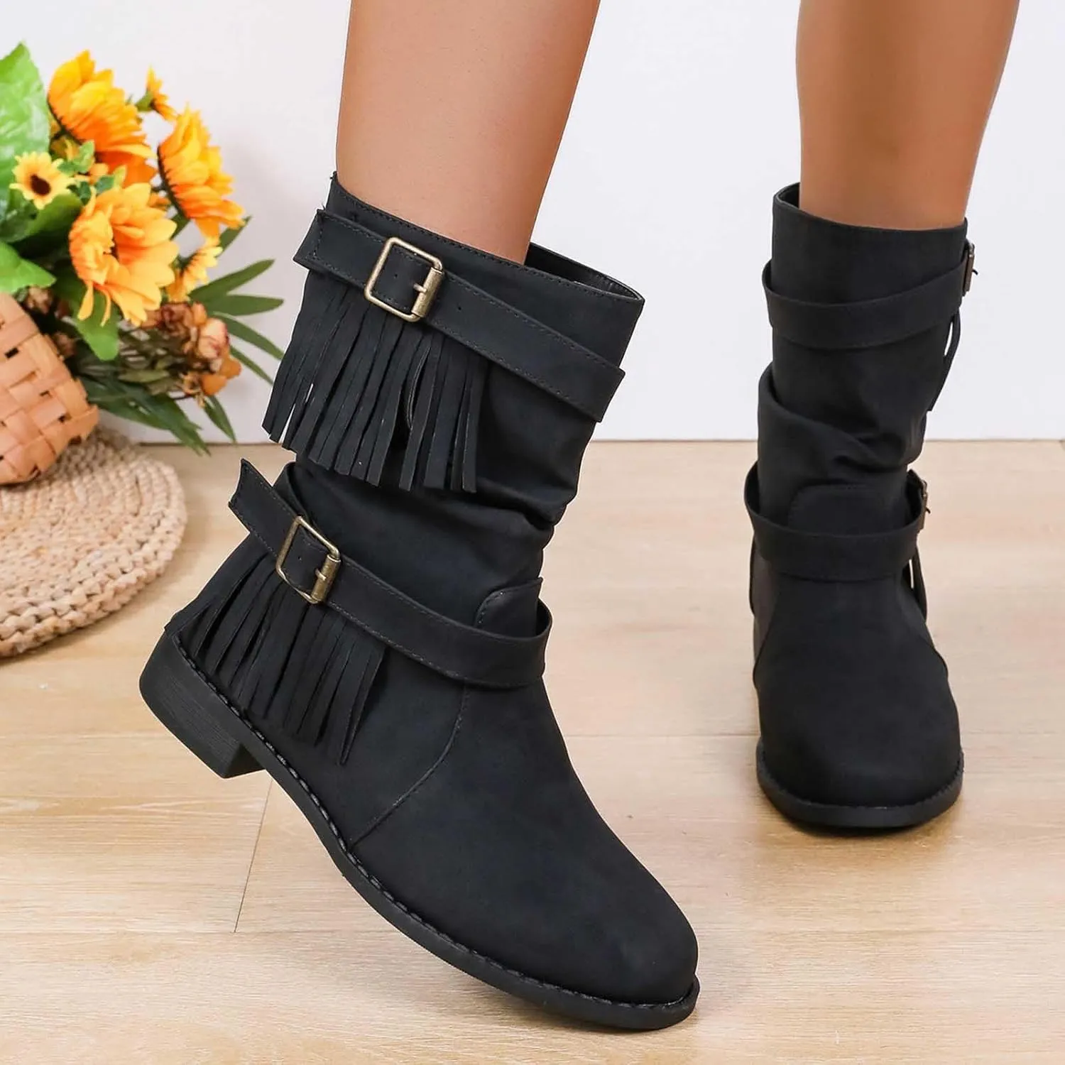 Black Boots Womens Tassel Buckle Flat Boots Round Toe Cigarette Boots Fashion Casual Large Size Mid Calf Boots