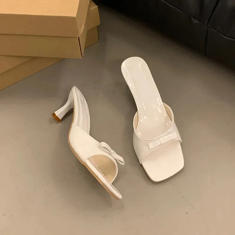 Bow Knot Slides Square Toe Summer Shoes 6.5cm Thin Heel Slipper