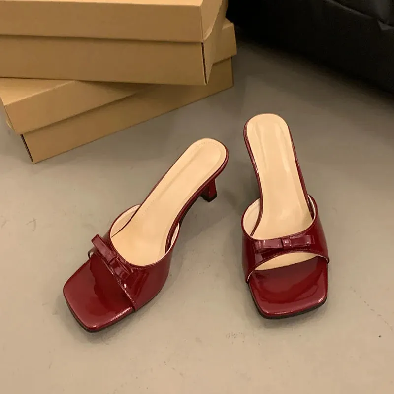 Bow Knot Slides Square Toe Summer Shoes 6.5cm Thin Heel Slipper