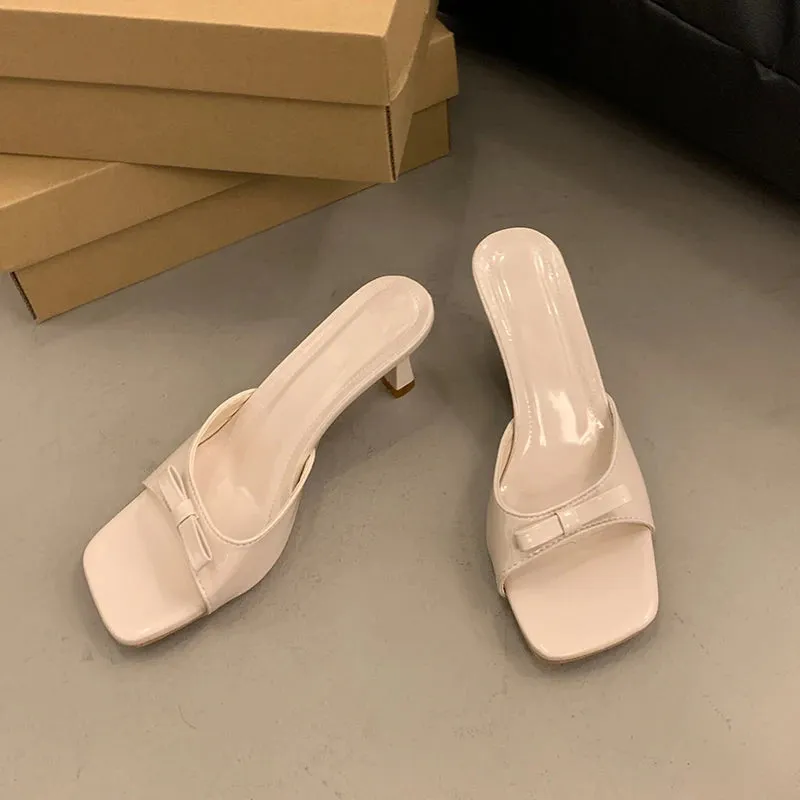 Bow Knot Slides Square Toe Summer Shoes 6.5cm Thin Heel Slipper