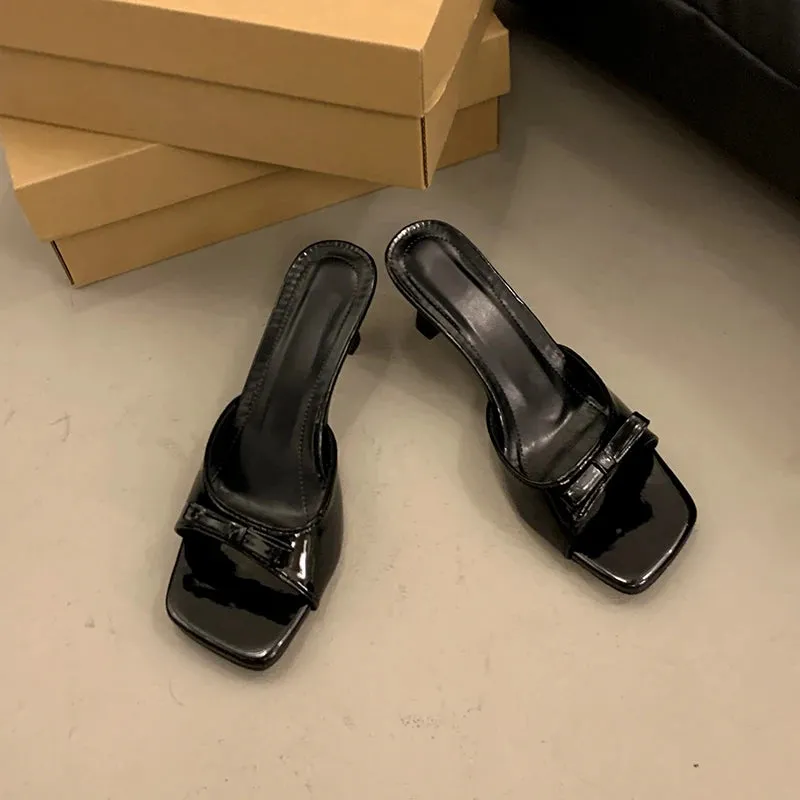 Bow Knot Slides Square Toe Summer Shoes 6.5cm Thin Heel Slipper