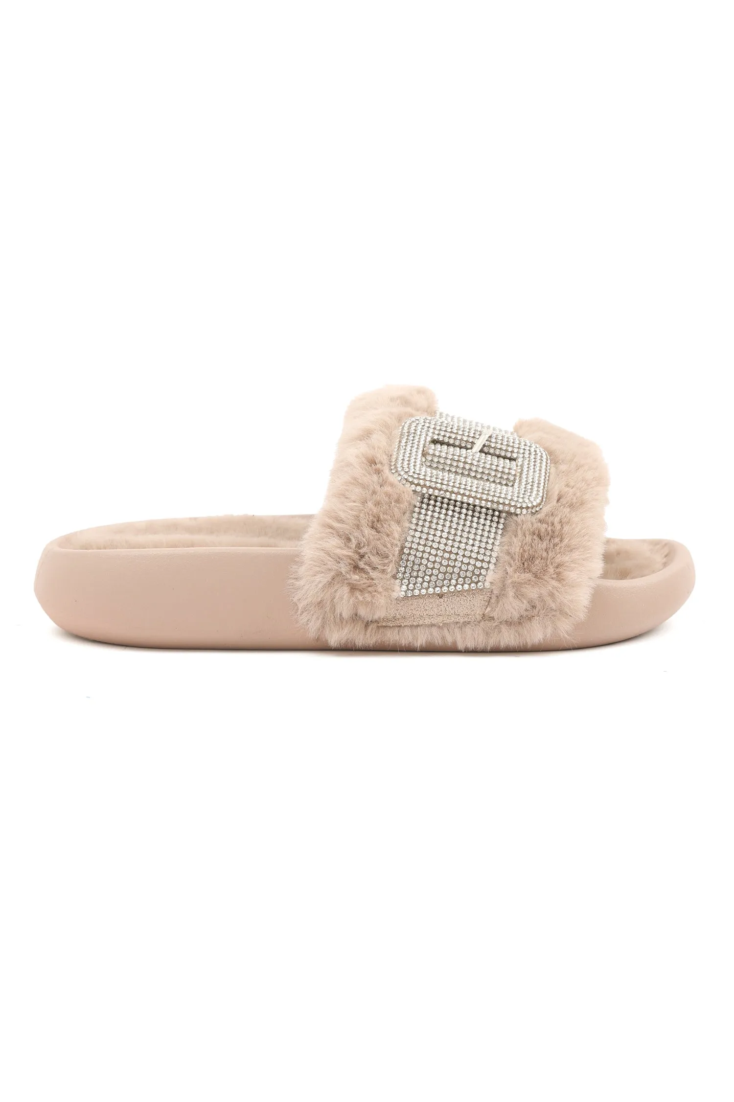 CRYSTAL BUCKLE FUR SLIDES-KHAKI