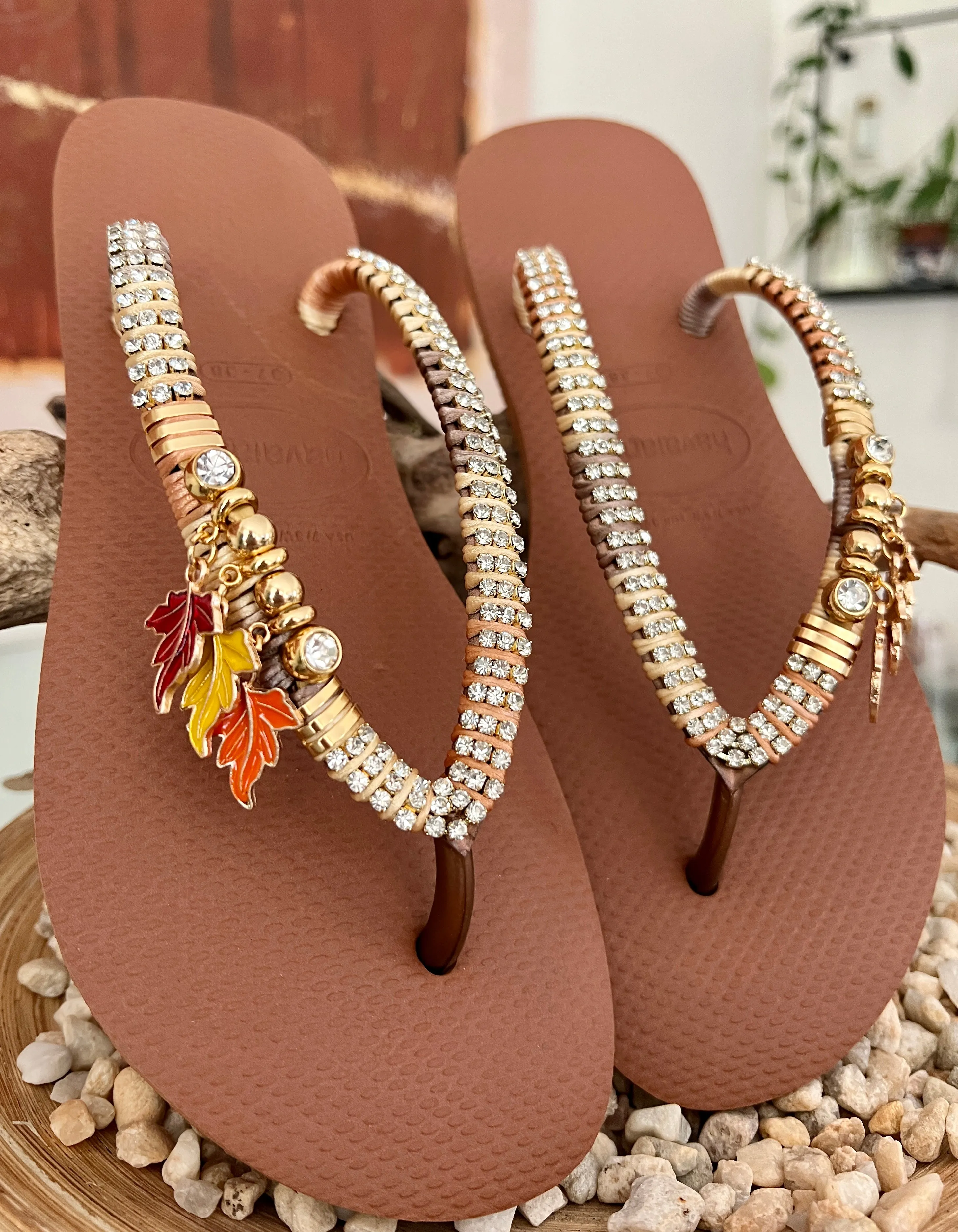 Cute  Leaves Charms Flip Flops Gift for Her Handcrafted Sandal for Nana Vacation