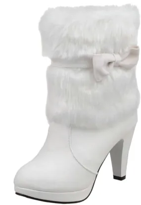 DINTAHA Faux Fur Lined Snow Boots Bow Winter Boots Mid Calf Platform Heeled Snow Warm Boots