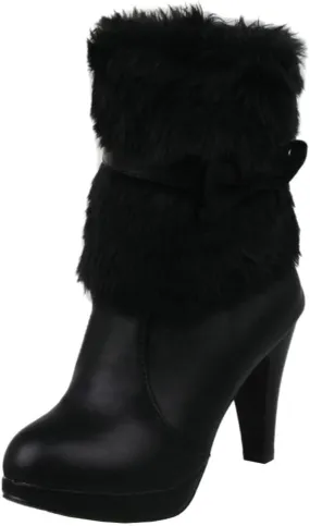 DINTAHA Faux Fur Lined Snow Boots Bow Winter Boots Mid Calf Platform Heeled Snow Warm Boots