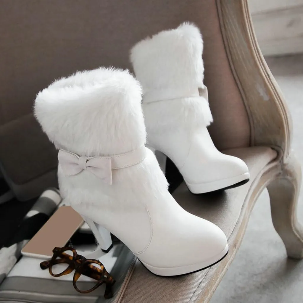 DINTAHA Faux Fur Lined Snow Boots Bow Winter Boots Mid Calf Platform Heeled Snow Warm Boots