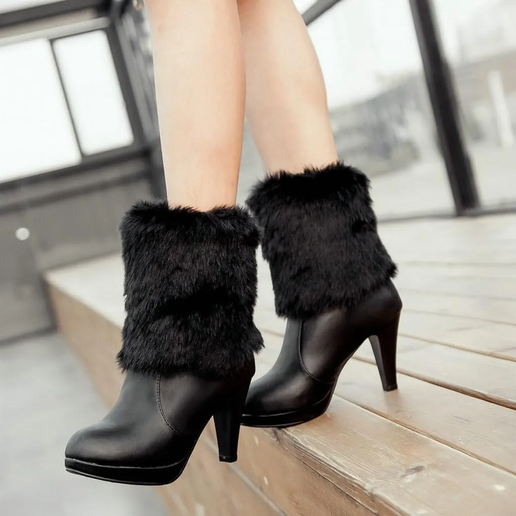 DINTAHA Faux Fur Lined Snow Boots Bow Winter Boots Mid Calf Platform Heeled Snow Warm Boots