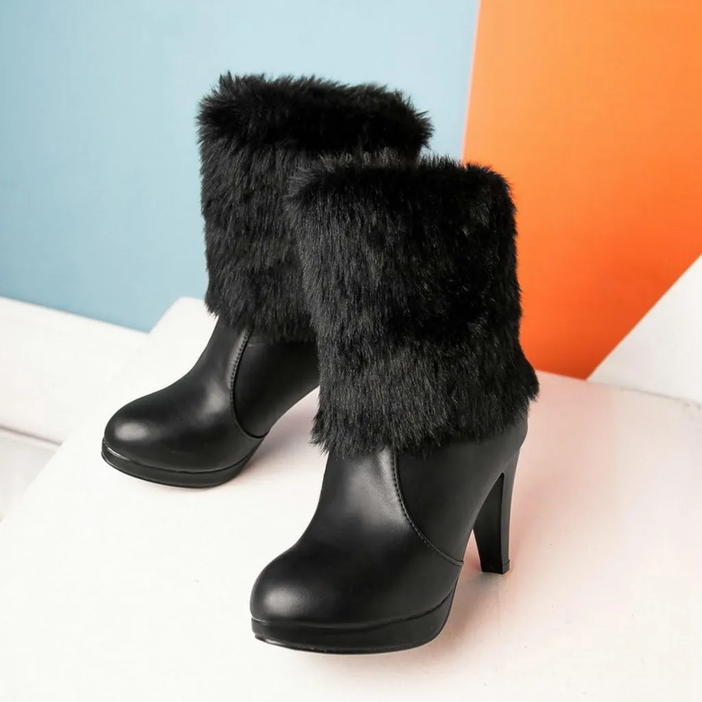 DINTAHA Faux Fur Lined Snow Boots Bow Winter Boots Mid Calf Platform Heeled Snow Warm Boots
