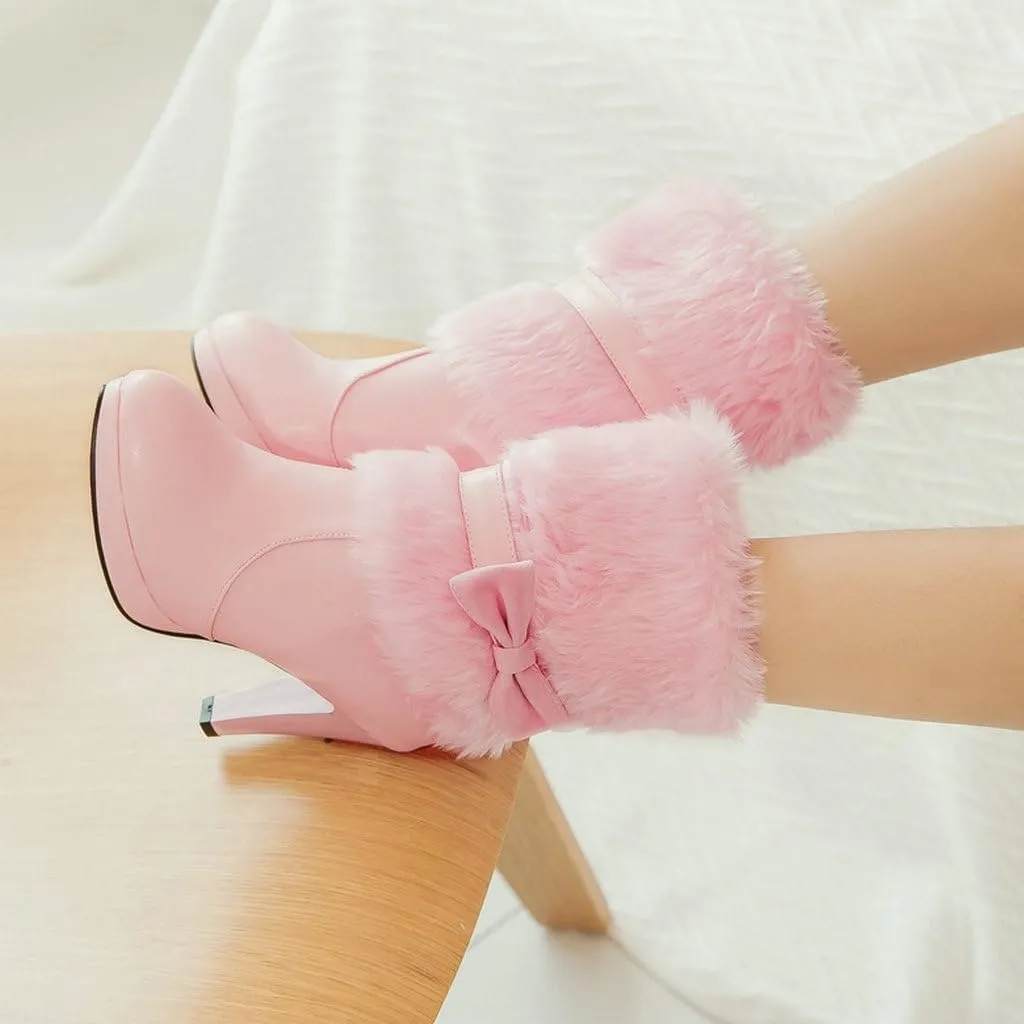 DINTAHA Faux Fur Lined Snow Boots Bow Winter Boots Mid Calf Platform Heeled Snow Warm Boots