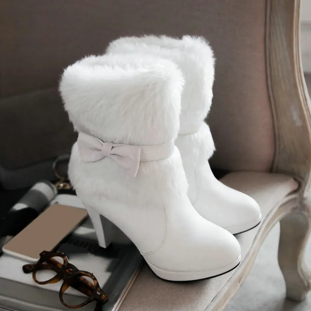 DINTAHA Faux Fur Lined Snow Boots Bow Winter Boots Mid Calf Platform Heeled Snow Warm Boots