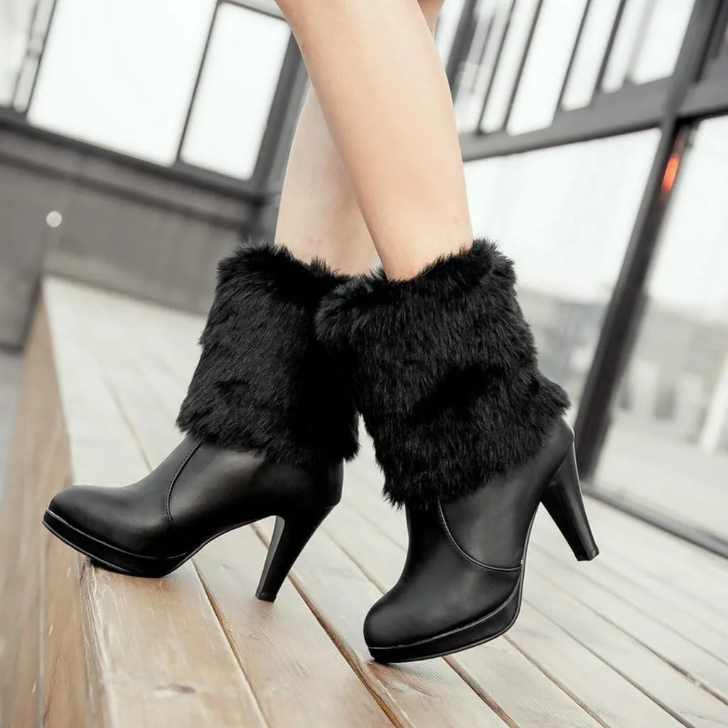 DINTAHA Faux Fur Lined Snow Boots Bow Winter Boots Mid Calf Platform Heeled Snow Warm Boots