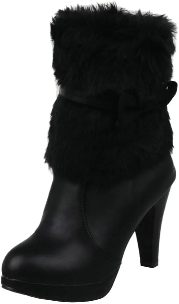 DINTAHA Faux Fur Lined Snow Boots Bow Winter Boots Mid Calf Platform Heeled Snow Warm Boots