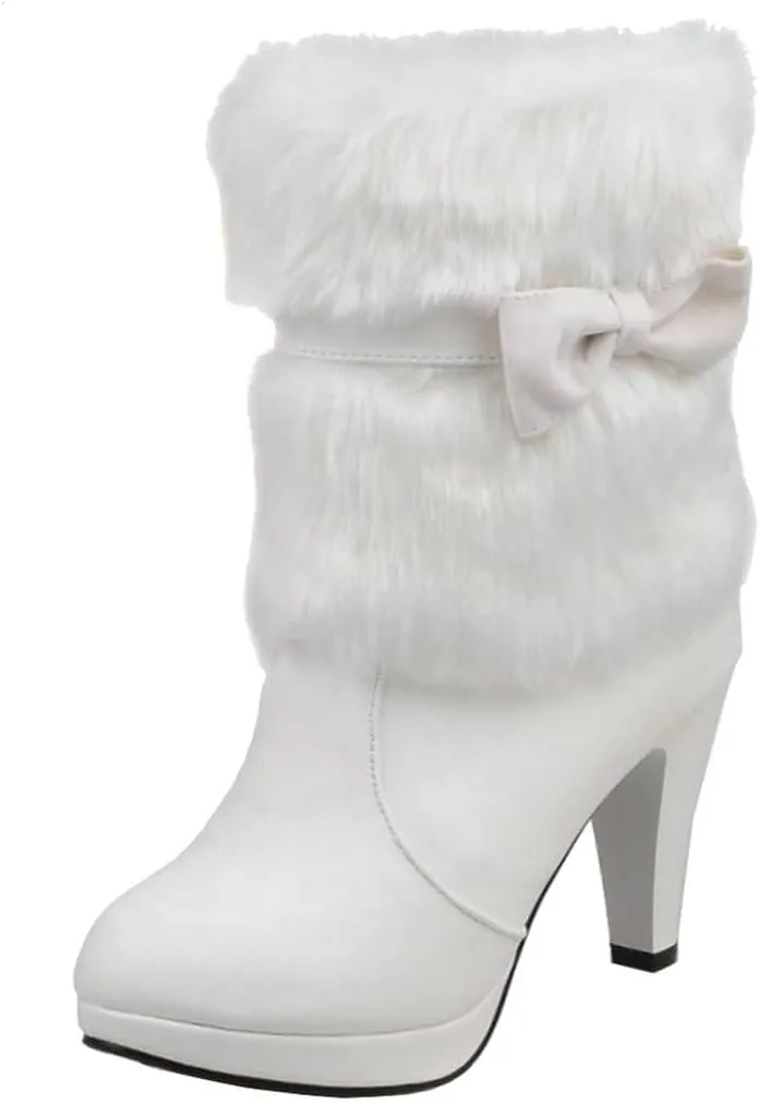 DINTAHA Faux Fur Lined Snow Boots Bow Winter Boots Mid Calf Platform Heeled Snow Warm Boots