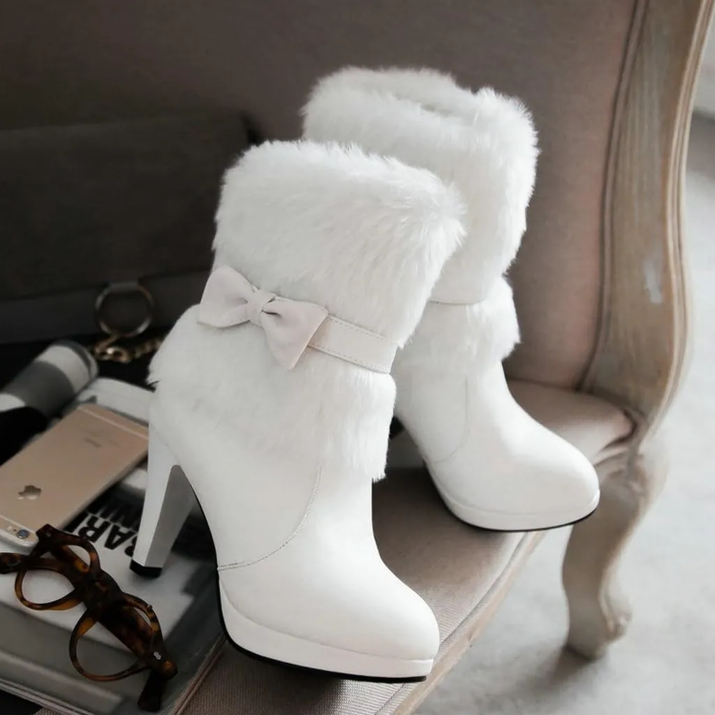 DINTAHA Faux Fur Lined Snow Boots Bow Winter Boots Mid Calf Platform Heeled Snow Warm Boots