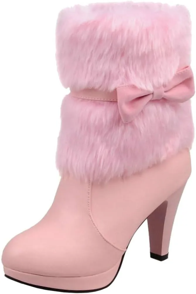 DINTAHA Faux Fur Lined Snow Boots Bow Winter Boots Mid Calf Platform Heeled Snow Warm Boots