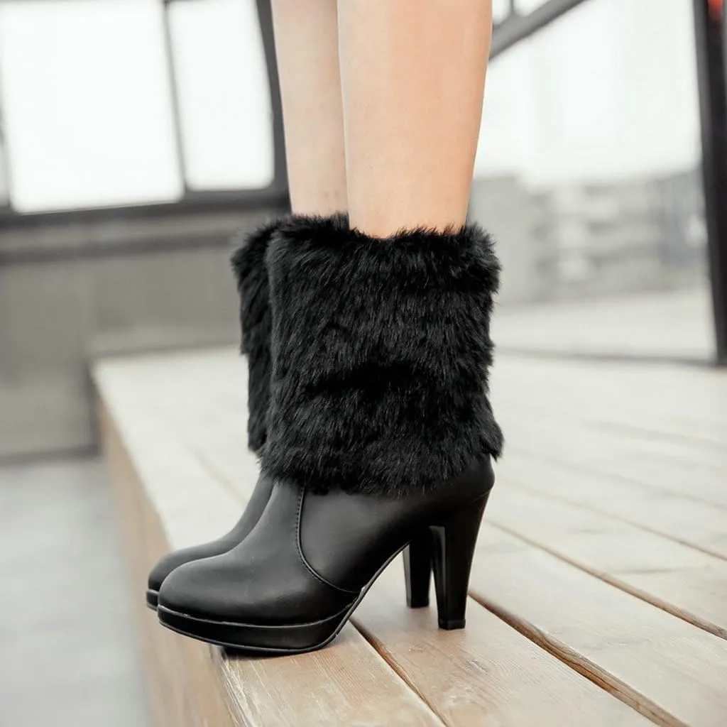 DINTAHA Faux Fur Lined Snow Boots Bow Winter Boots Mid Calf Platform Heeled Snow Warm Boots