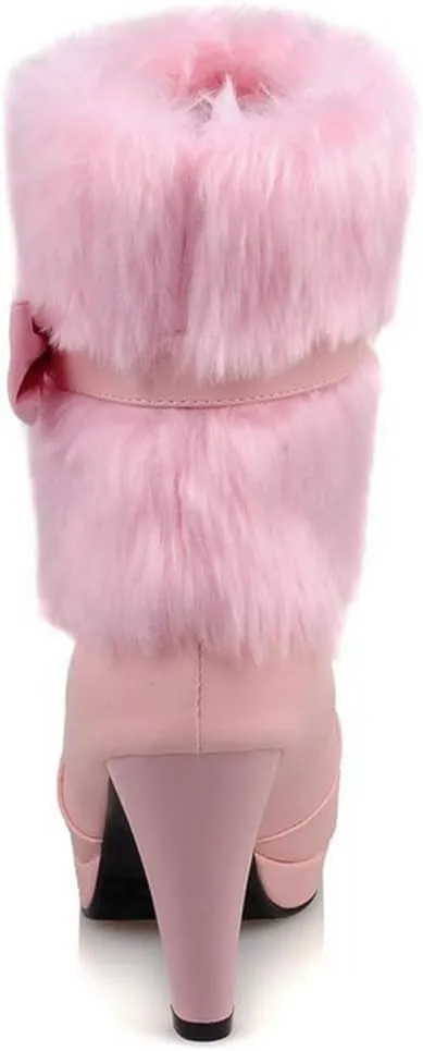 DINTAHA Faux Fur Lined Snow Boots Bow Winter Boots Mid Calf Platform Heeled Snow Warm Boots
