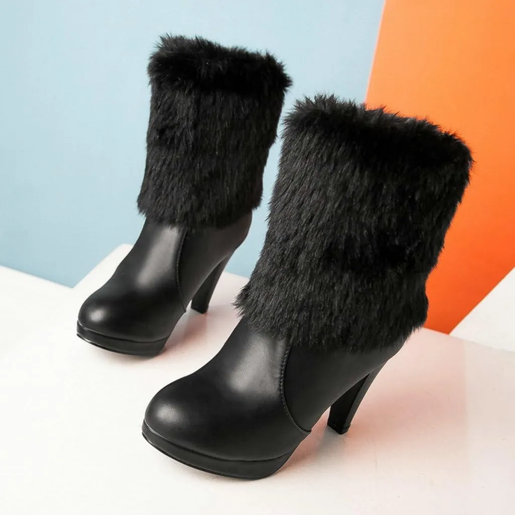 DINTAHA Faux Fur Lined Snow Boots Bow Winter Boots Mid Calf Platform Heeled Snow Warm Boots