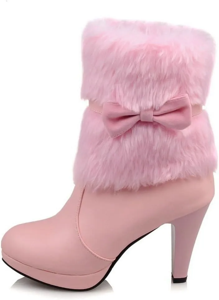 DINTAHA Faux Fur Lined Snow Boots Bow Winter Boots Mid Calf Platform Heeled Snow Warm Boots