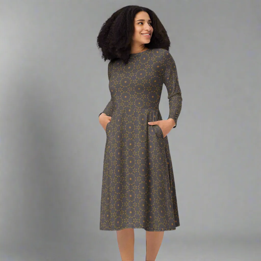 Earthy Mandala Print Midi Dress | Long Sleeve Pocket Dress for Grounded, Artsy Vibes