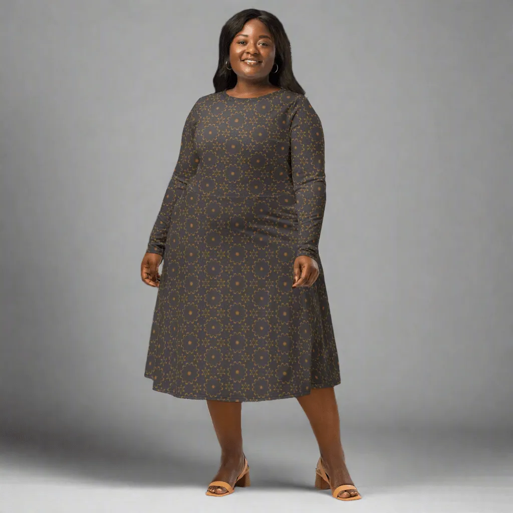 Earthy Mandala Print Midi Dress | Long Sleeve Pocket Dress for Grounded, Artsy Vibes