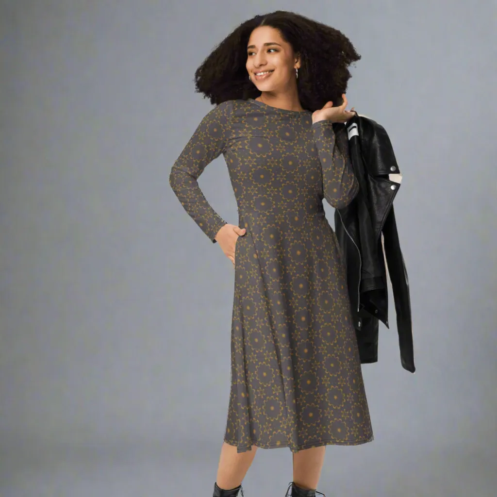 Earthy Mandala Print Midi Dress | Long Sleeve Pocket Dress for Grounded, Artsy Vibes