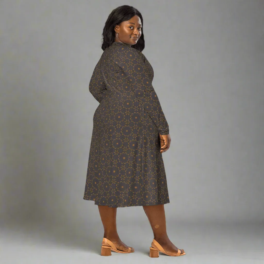 Earthy Mandala Print Midi Dress | Long Sleeve Pocket Dress for Grounded, Artsy Vibes