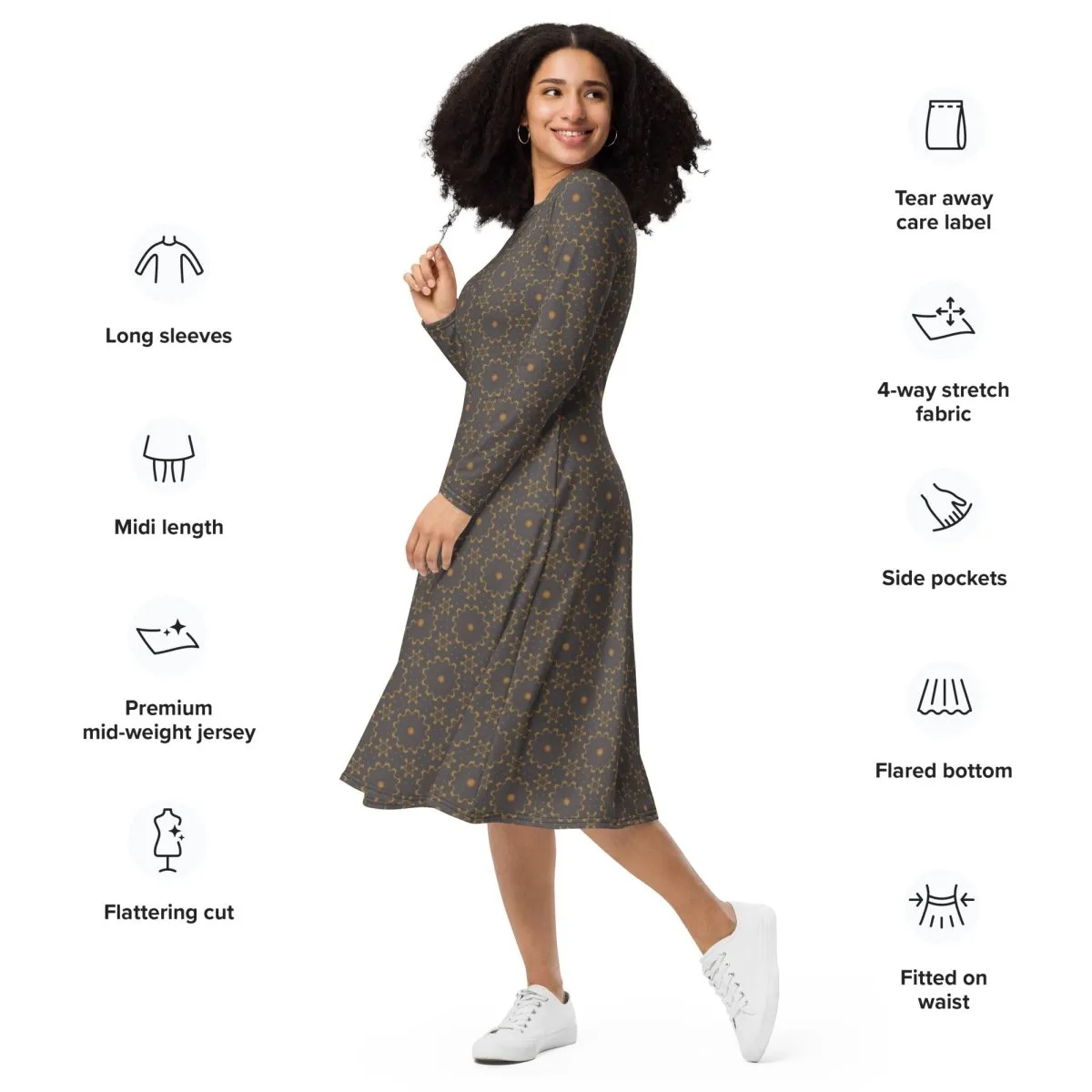 Earthy Mandala Print Midi Dress | Long Sleeve Pocket Dress for Grounded, Artsy Vibes