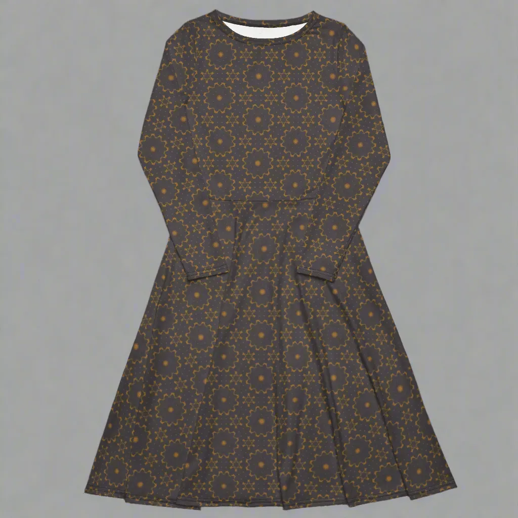 Earthy Mandala Print Midi Dress | Long Sleeve Pocket Dress for Grounded, Artsy Vibes