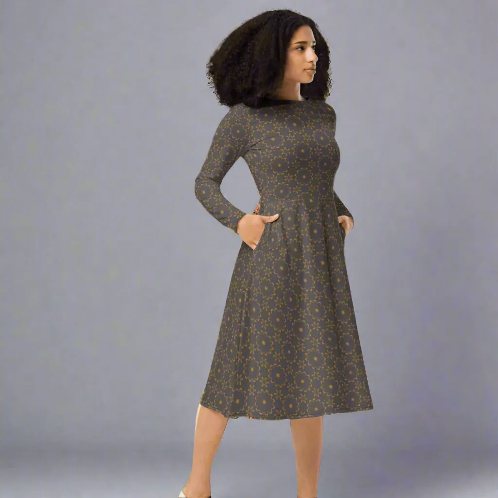 Earthy Mandala Print Midi Dress | Long Sleeve Pocket Dress for Grounded, Artsy Vibes