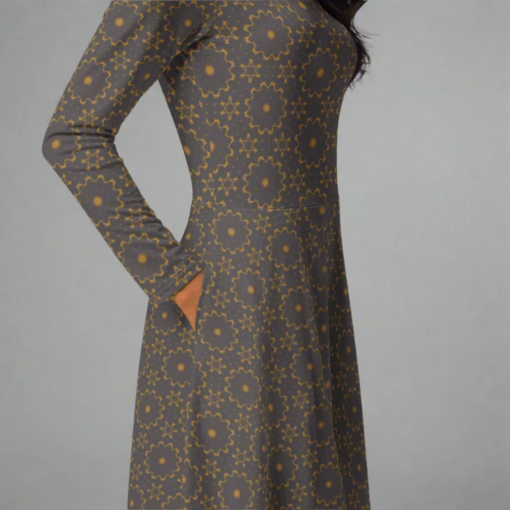 Earthy Mandala Print Midi Dress | Long Sleeve Pocket Dress for Grounded, Artsy Vibes