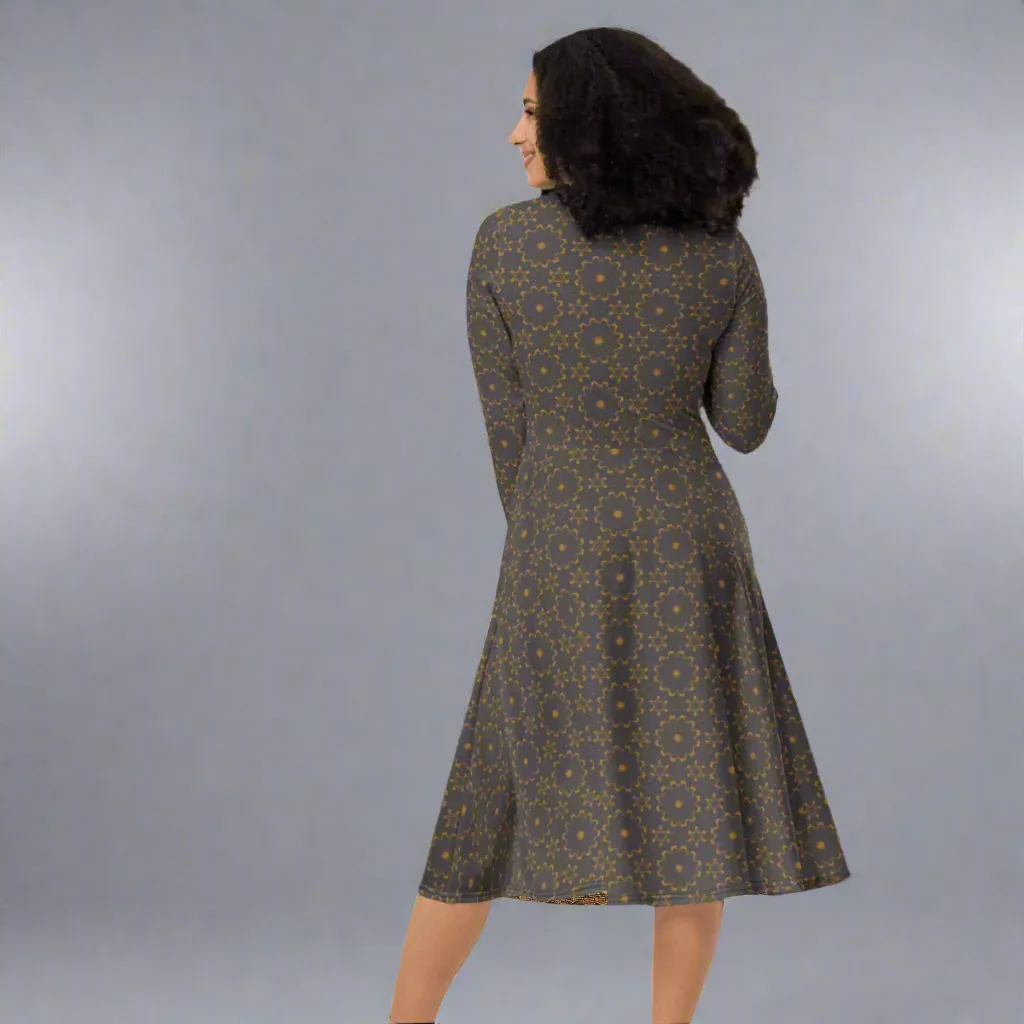 Earthy Mandala Print Midi Dress | Long Sleeve Pocket Dress for Grounded, Artsy Vibes
