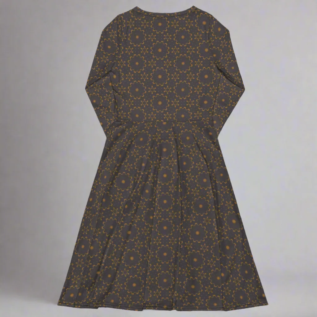 Earthy Mandala Print Midi Dress | Long Sleeve Pocket Dress for Grounded, Artsy Vibes