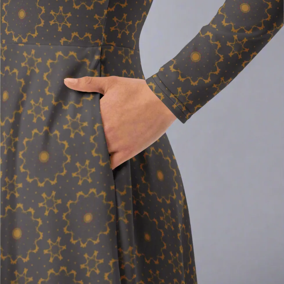 Earthy Mandala Print Midi Dress | Long Sleeve Pocket Dress for Grounded, Artsy Vibes