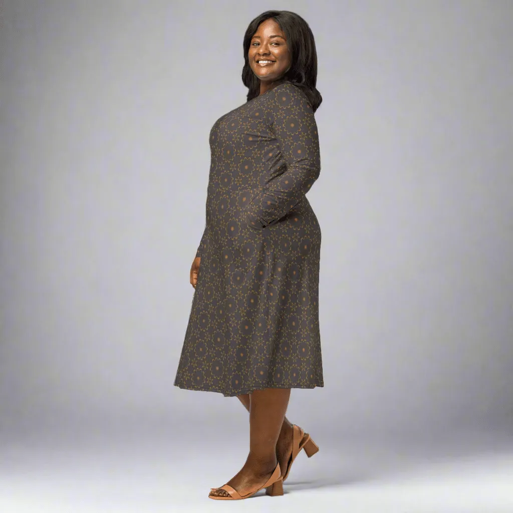 Earthy Mandala Print Midi Dress | Long Sleeve Pocket Dress for Grounded, Artsy Vibes