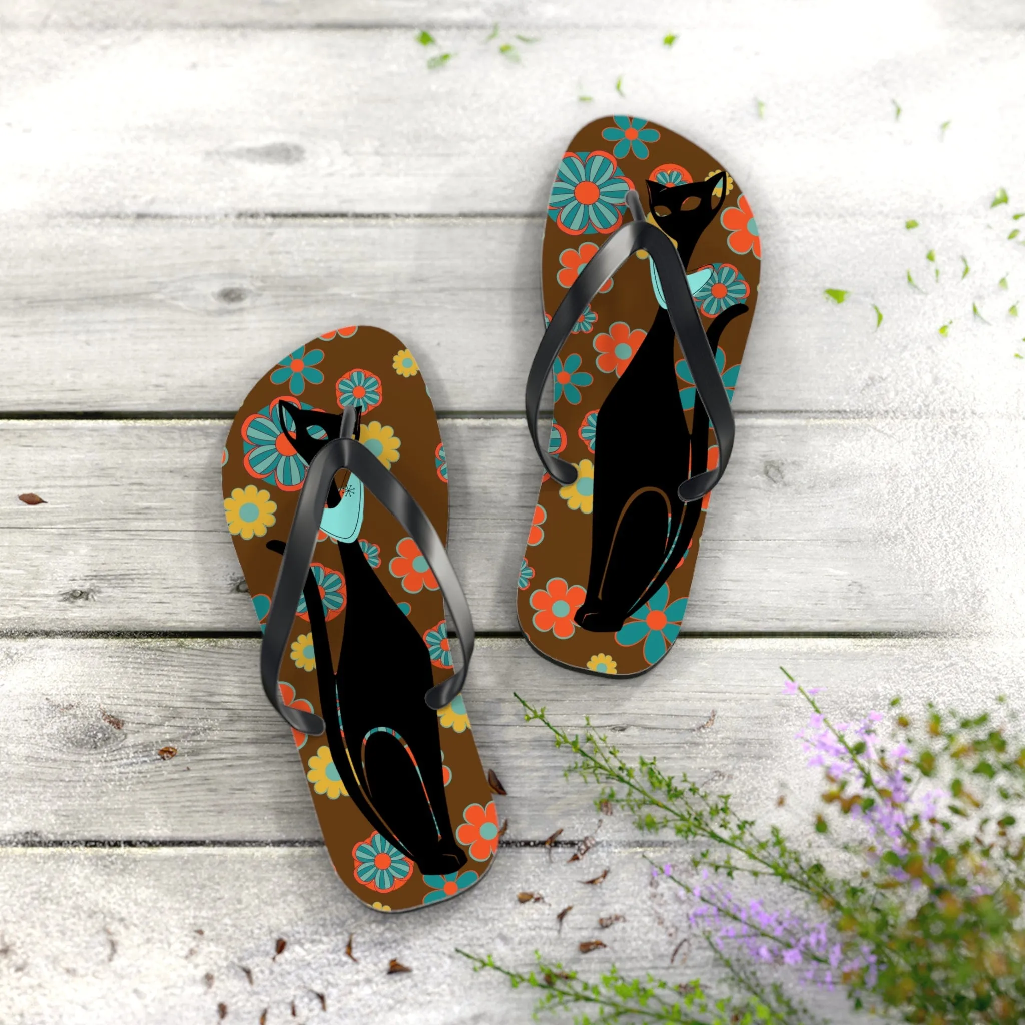 Flower Power Brown, Atomic Groovy, Retro Flip Flops