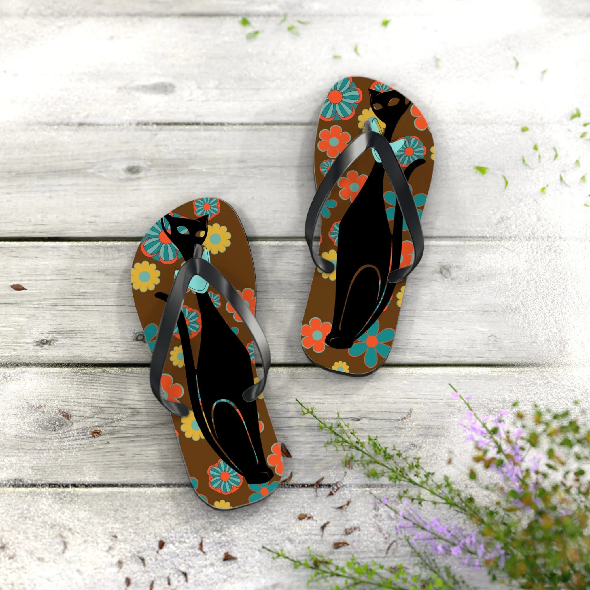 Flower Power Brown, Atomic Groovy, Retro Flip Flops