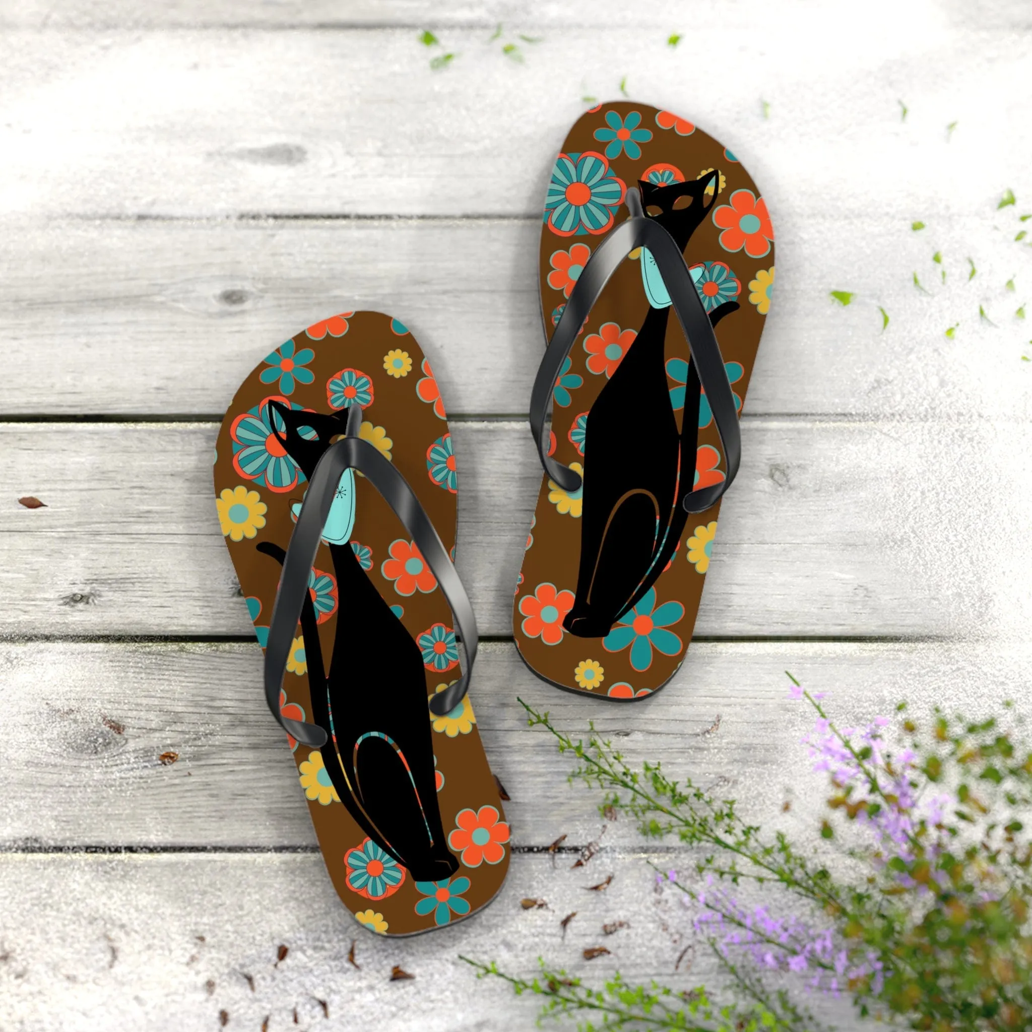 Flower Power Brown, Atomic Groovy, Retro Flip Flops