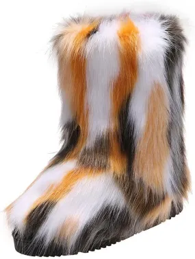 Furry Faux Fur Boots for Women Outdoor Flat Shoes Winter Warm Fuzzy Fluffy Furry Ankle Boots Mid Calf Snow Booties