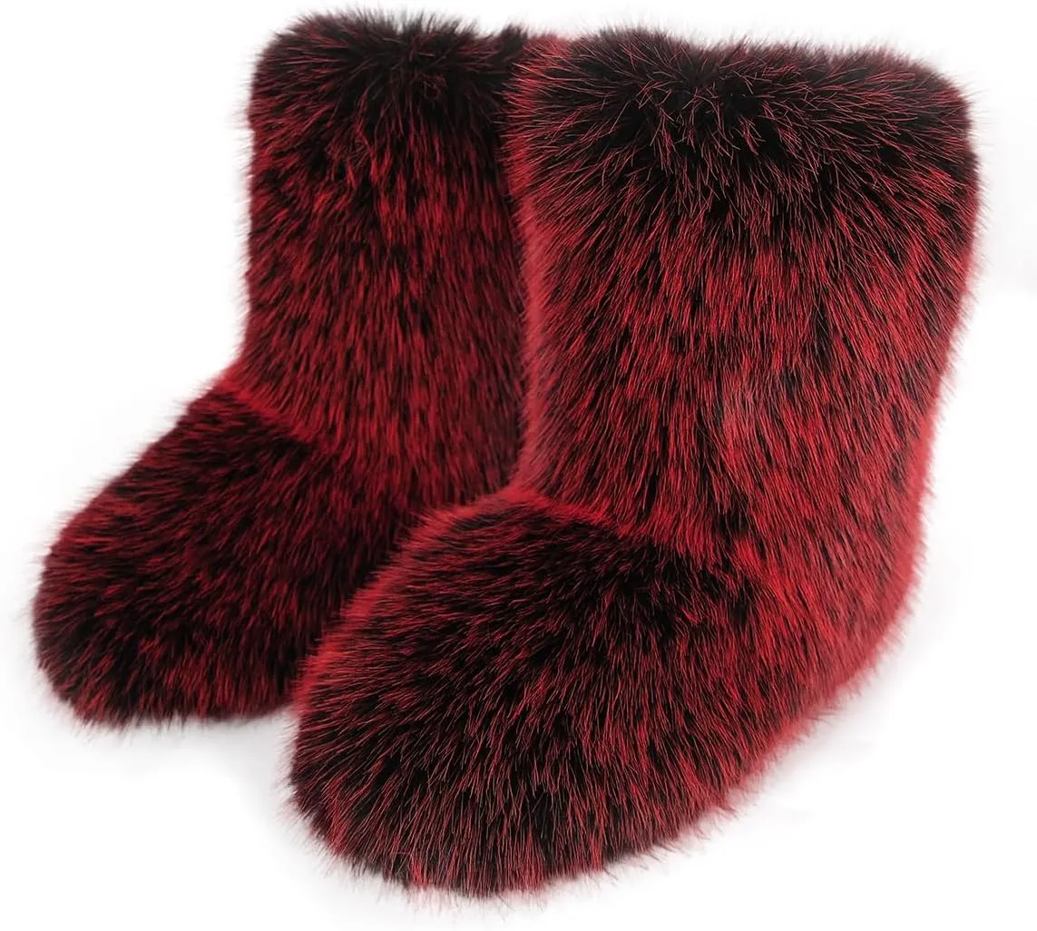 Furry Faux Fur Boots Women's Winter Shoes Woman Fluffy Warm Snow Boots Mid-Calf Comfortable Outdoor Flat