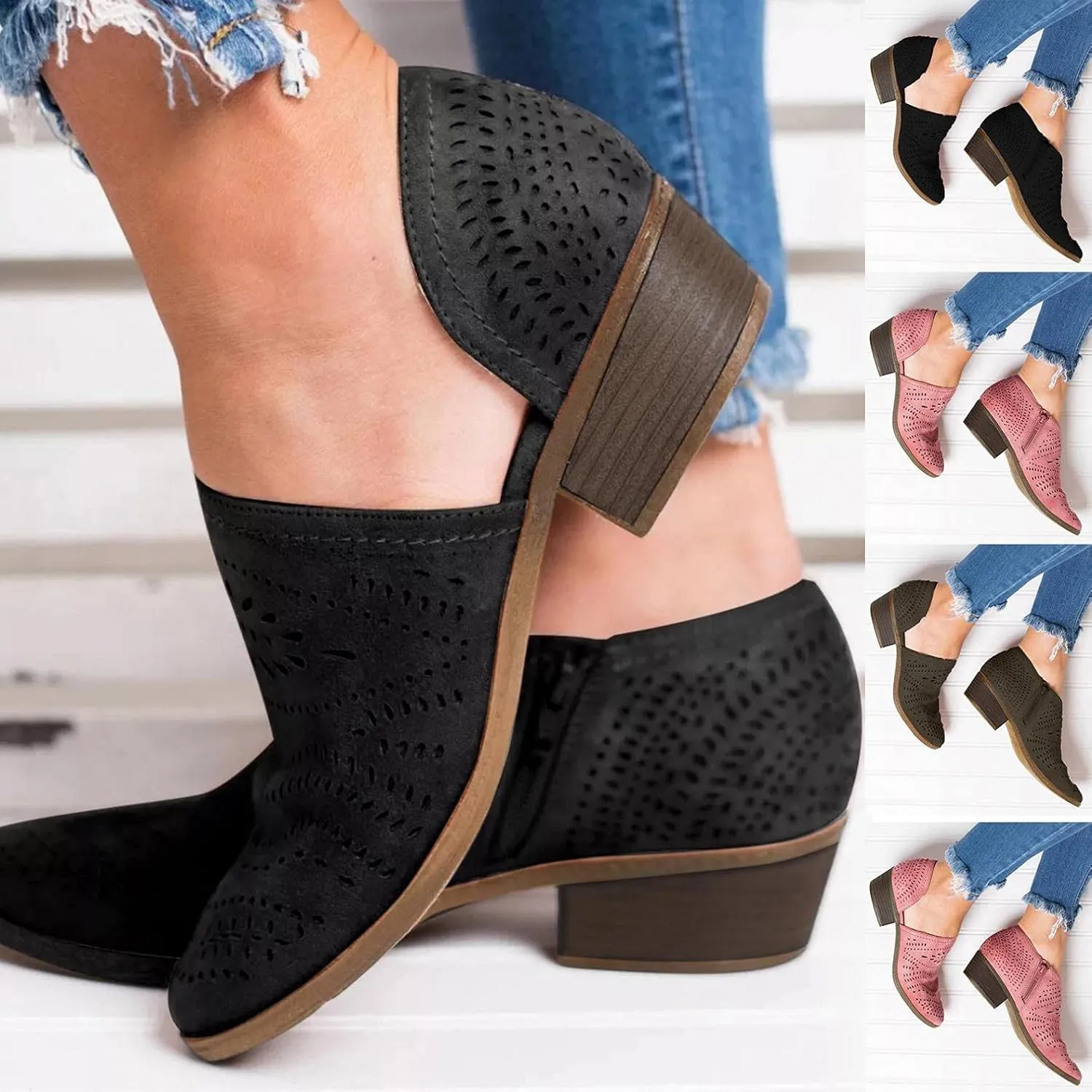 Gibobby Ankle Booties for Women Flat Heel,Women's Round Toe Faux Suede Stacked Heel Side Zipper Western Shoes Ankle Boots