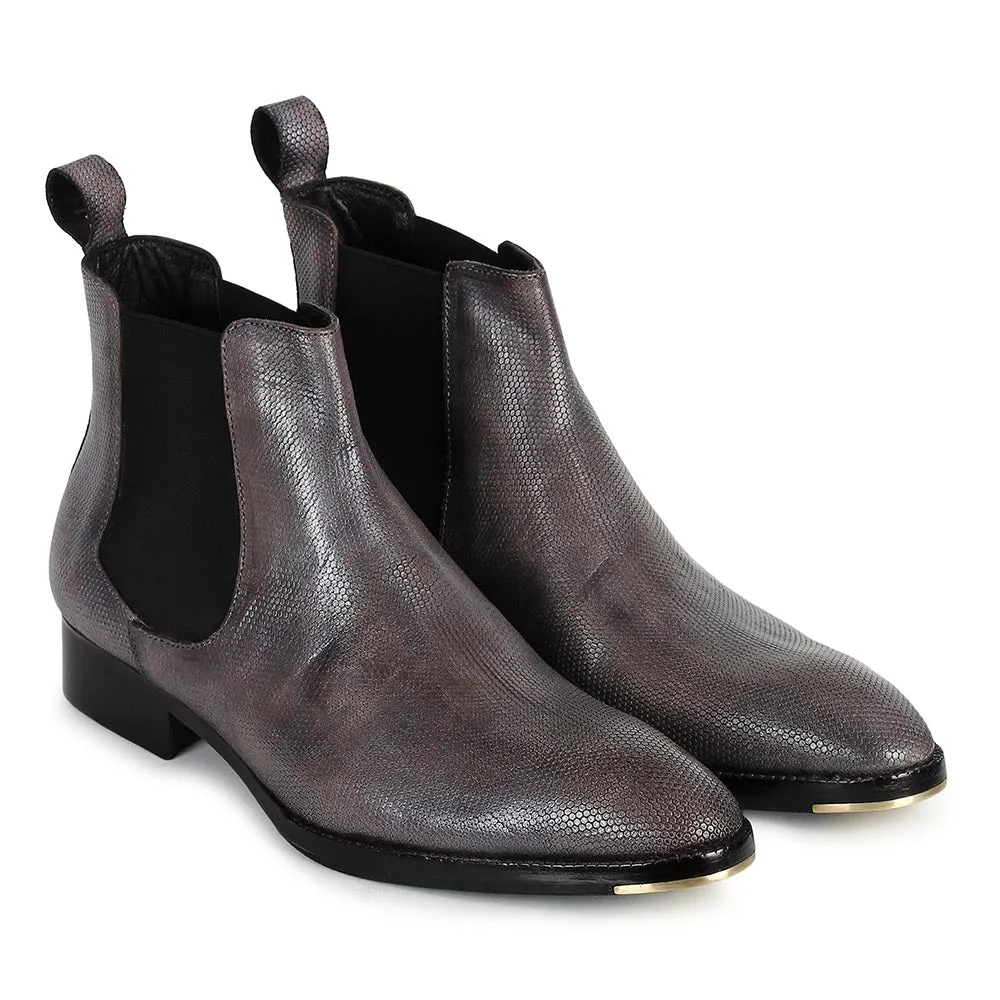 Grey Mirror Glossed Textured Chelsea Boots